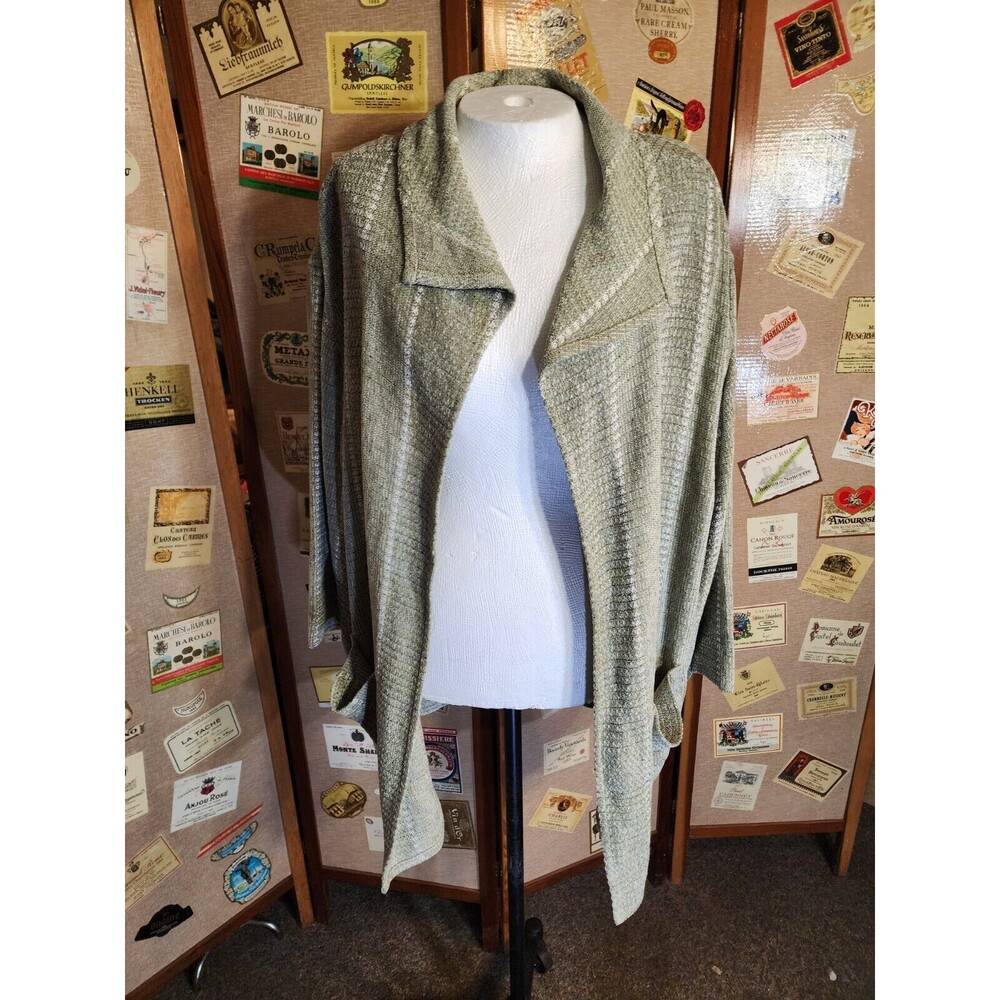 ZONDA NELLIS Vtg Women's Woven Knit Long Jacket Size M  Green and White Oversize